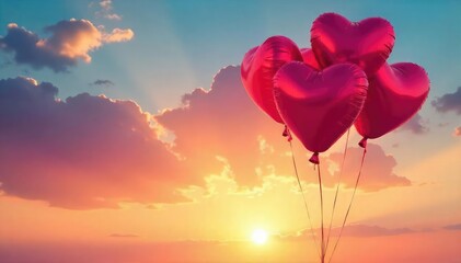 Fototapeta premium Heart-shaped balloons float against a vibrant sunset, symbolizing love and celebration , heart, orange