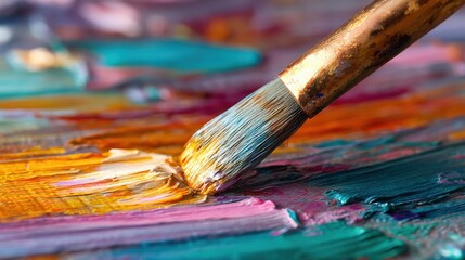 Fototapeta premium Artist's Paintbrush Applying Vibrant Oil Colors to Canvas Close Up