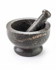 A traditional granite mortar and pestle, rough textured surface, handcrafted look, isolated on clean white background, overhead lighting, 