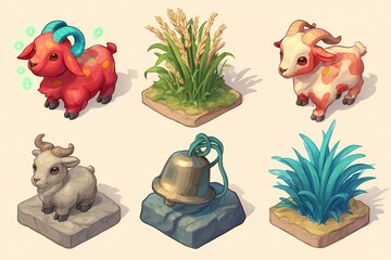 Obraz premium Colorful farm animals and plants create a vibrant rural landscape for a playful adventure game