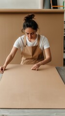 Fototapeta premium A woman in overalls carefully measures and cuts a large sheet of brown paper on a table.
