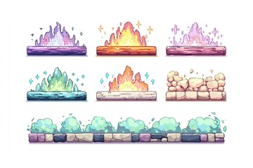 Obraz premium Various styles of animated fire and water effects displayed on decorative backgrounds, ideal for creative projects and games
