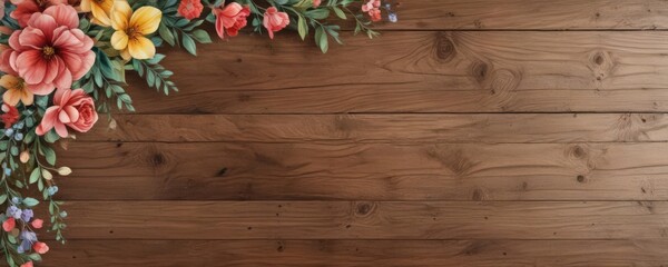 Rustic wood texture background with watercolor floral corner design for funeral program,  shabby chic,  order of service