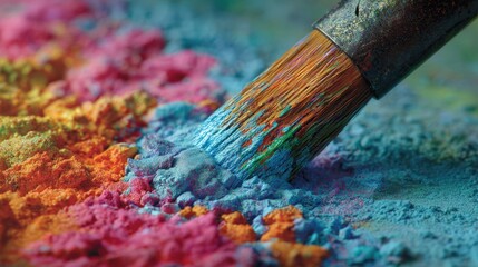 Naklejka premium Vibrant Colorful Paint Powder Texture with Artist Brush Close Up A Macro Shot of Artistic Pigment