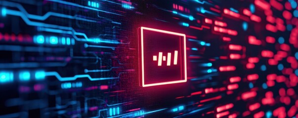 A glowing, futuristic digital interface with neon red and blue circuit lines and a highlighted central chip symbol.