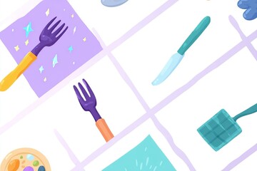 Colorful utensils arranged on a vibrant tablecloth in a creative workspace, showcasing a playful and artistic atmosphere