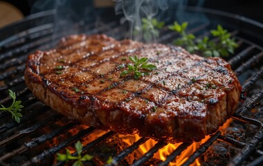 High-angle shot of a perfectly seared steak with grill marks, sizzling on a hot barbecue, steam rising, and fresh herbs scattered around