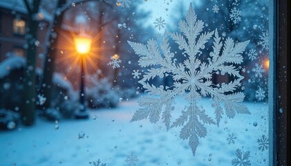 Intricate snowflake pattern on frosted windowpane, winter wonderland scene , white, texture
