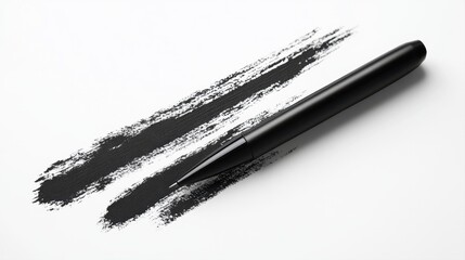 Black Pen Lying Beside Bold Brush Strokes of Black Ink on Clean White Background for Artistic Representation