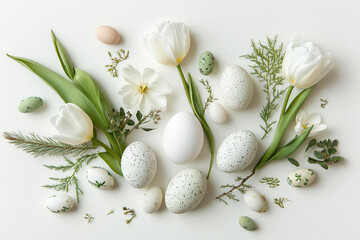 Easter eggs white tulips green leaves spring flowers festive arrangement