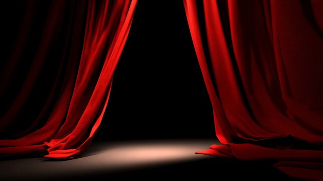 Dramatic red curtains open on dark stage revealing spotlight