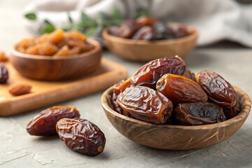 Dried dates in pile – healthy snack fruit close-up