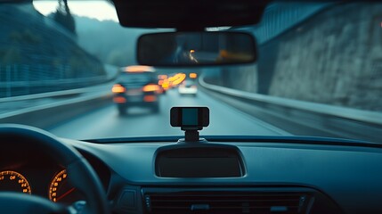 Driving at night on highway with dashcam and other cars for safety and recording travel footage