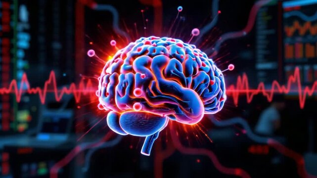 Glowing digital brain with neural connections and heartbeat graph, symbolizing advanced medical technology and innovation in neural activity