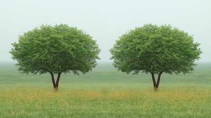 Misty field, twin trees, spring blooms, serene landscape, calm