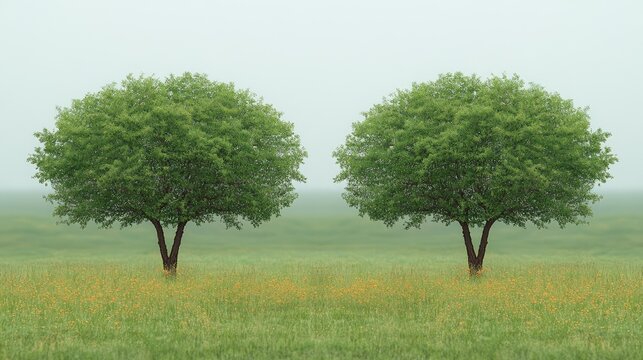 Misty field, twin trees, spring blooms, serene landscape, calm - Powered by Adobe