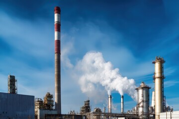 Obraz premium Industrial chimney with emission control system under blue sky, showcasing environmental engineering technology.