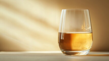 Close-Up View of a Clear Glass Filled with Golden-Hued Liquid Smoothly Placed on a Light Background