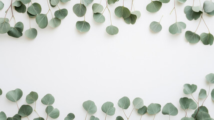 Green eucalyptus leaves frame a white background, creating a natural, fresh aesthetic
