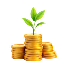 Growing money plant on stacks of gold coins.