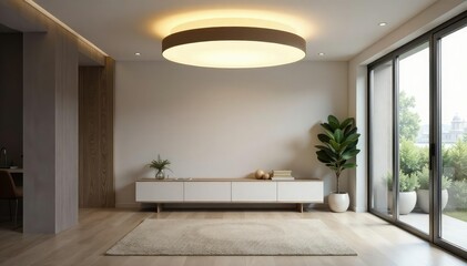 Modern minimalist ceiling light fixture illuminates a bright, airy room , interior, design