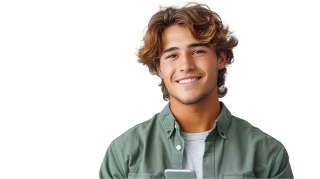 Happy young man holding phone. (1)