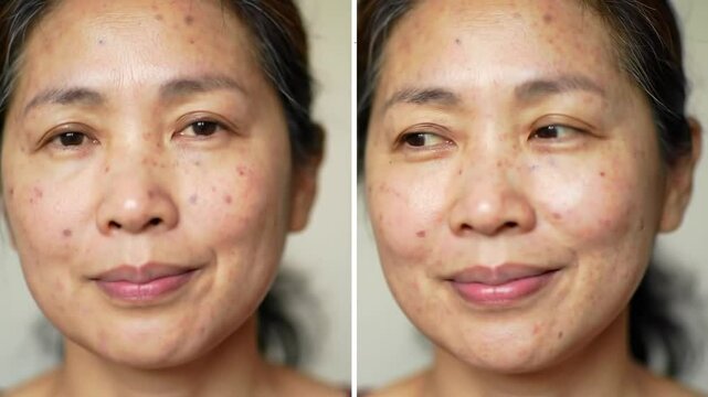 Asian Woman Displaying Skin Imperfections Like Blemishes and Dark Spots in Close Up Shot