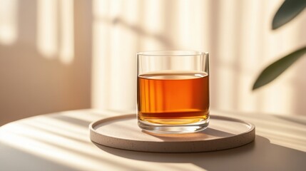 Close-Up of a Clear Glass with Amber Liquid Depicting Relaxation and Serenity in a Warm Natural Light Setting