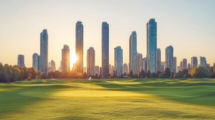Fototapeta premium City skyline over golf course at sunset. Possible use Stock photo