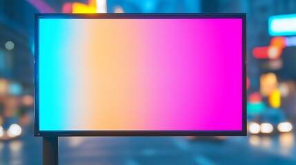 Fototapeta premium A brightly lit blank billboard with a colorful gradient stands on a city street at night, surrounded by blurred neon lights.