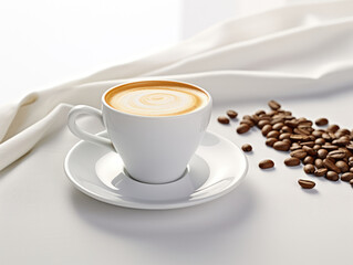 Cup of latte with swirled foam, saucer, beans, and white cloth