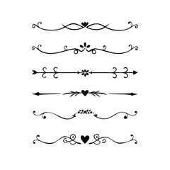 Text dividers doodle set. Wedding decorative elements. Divider ornament, borders, vintage line separators. Hand drawn vector illustration isolated on white background