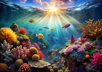 Obraz premium Vibrant Coral Reef Ecosystem: Underwater Marine Biodiversity in Sunlight