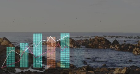 Data visualization overlay floating over rocky coastal scene, showing bar charts and trend lines - Powered by Adobe