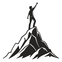 Silhouette of a man standing on a mountain peak reaching for success and achievement