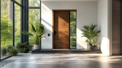 Contemporary entryway with a wooden door, plants, and natural light