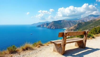 Fototapeta premium Rustic wooden bench overlooking the Aegean Sea in Greece , sea, holiday, traditional