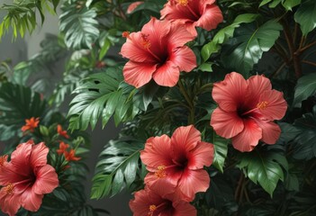 Large exotic hibiscus flowers, dense tropical leaves,  lush,  flower