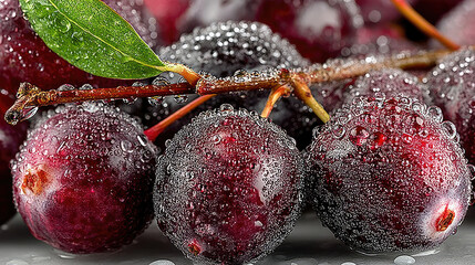 Macro shot of ripe, water-droplet covered berries and a green leaf