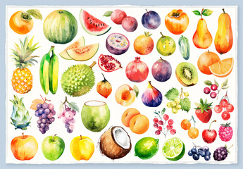 Vector watercolor painted style - fresh fruits clipart isolated on white background.