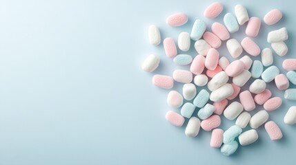 Sweet marshmallow dessert confectionery spread light blue background close-up view treat concept