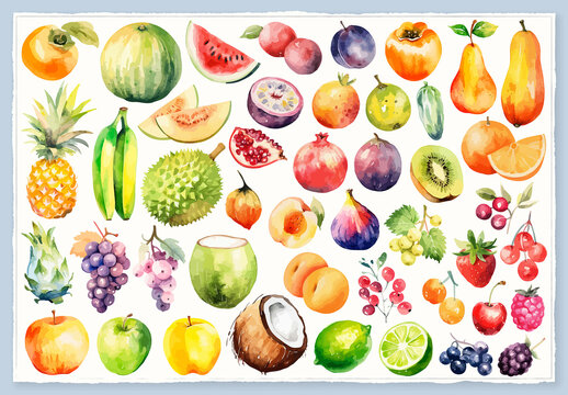 Vector watercolor painted style - fresh fruits clipart isolated on white background.