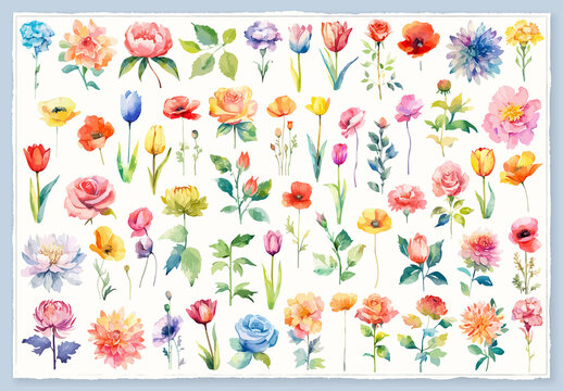 Vector watercolor painted style - flowers clipart isolated on white background.