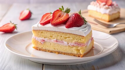 A slice of strawberry cake with whipped cream and strawberry filling, on a white plate, surrounded by additional strawberries and the faint suggestion of a second cake in the background.