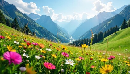 Serene mountain meadow bathed in sunlight, wildflowers in bloom , clouds, nature, horizon