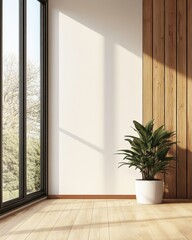 Minimalist interior with plant near window, bright sunlight casting shadows on wall and wood paneling, eye level shot
