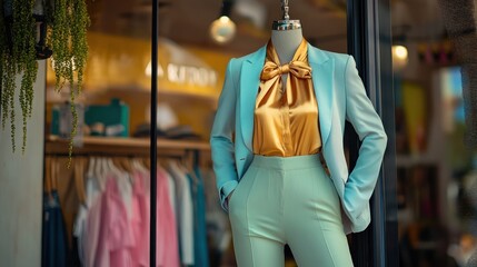 Elegant display featuring a refined suit with a shimmering gold blouse