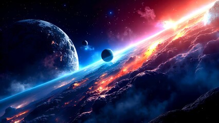 A colorful, dramatic view of a planet and its moons in outer space, with a glowing horizon and vibrant cosmic clouds.