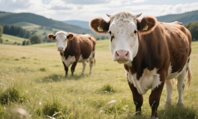 Fototapeta premium Two cows grassy field pasture livestock cattle farm animals rural scene outdoors nature landscape meadow brown white color animal mammal agriculture