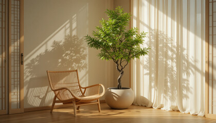 Cozy, sunlit room with potted tree in white ceramic planter, wooden chair, and sheer curtains creating serene and natural ambiance